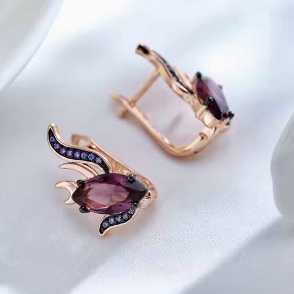 Unique Rose Gold 585RG Purple Natural Gem Zircon Fish Design Earrings - Picture 3 of 9